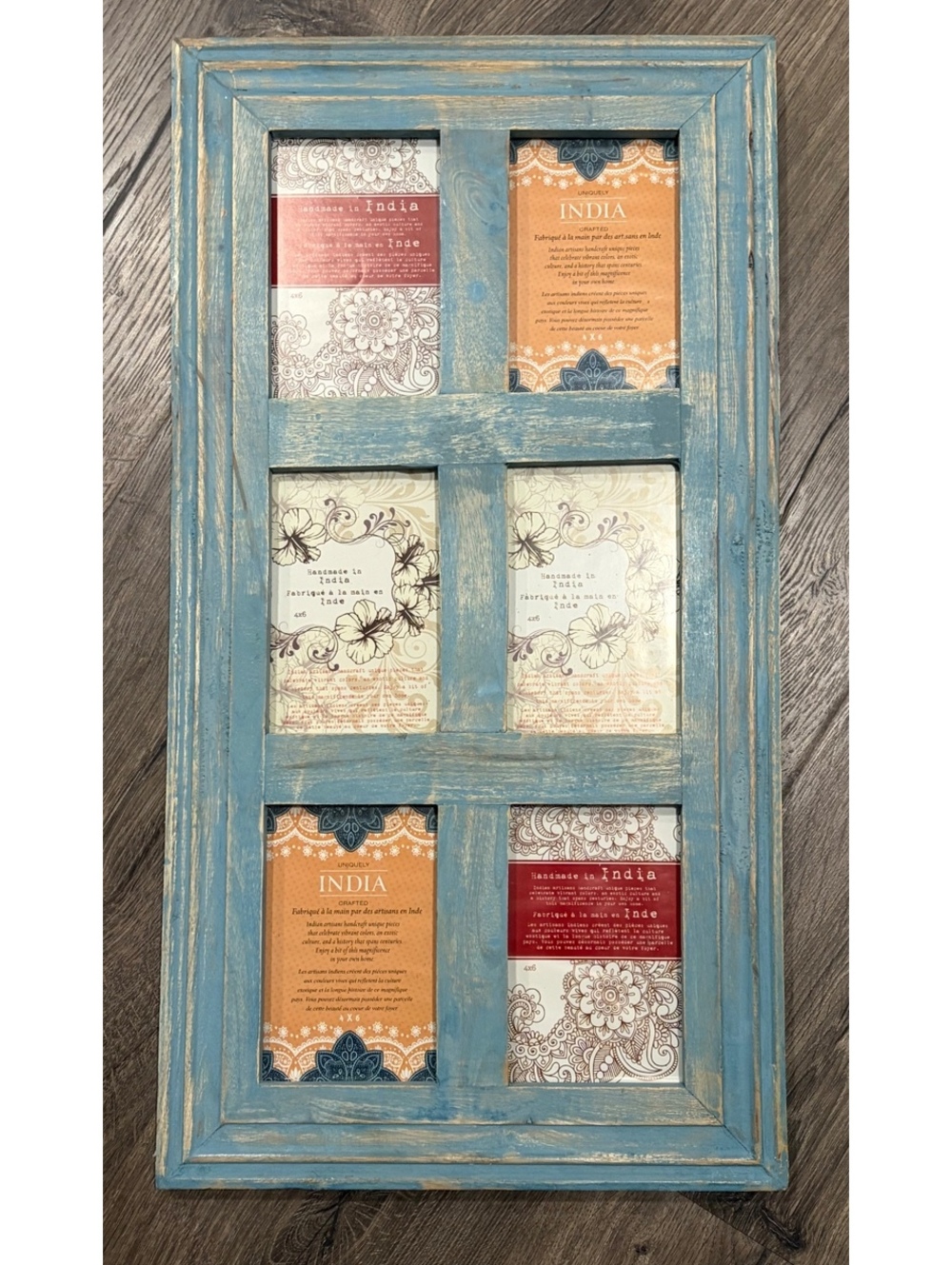 Shabby Chic Handmade India Rustic Blue Wood 6-Opening Photo Frame Farmhouse